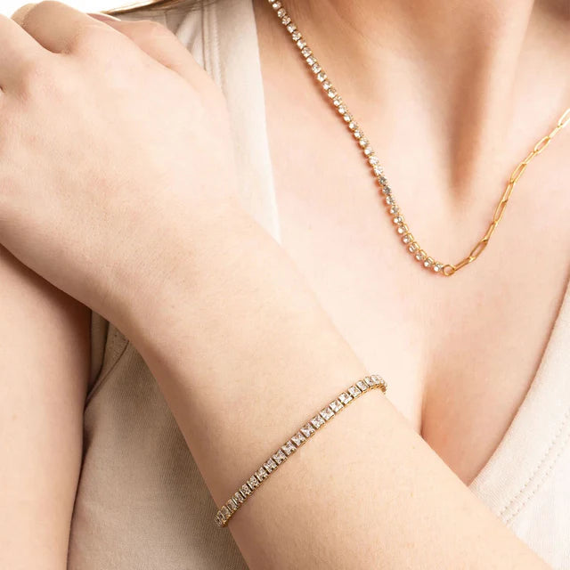 18K Gold PVD Stainless Steel Emerald Cut CZ Stone Tennis Chain Bracelet