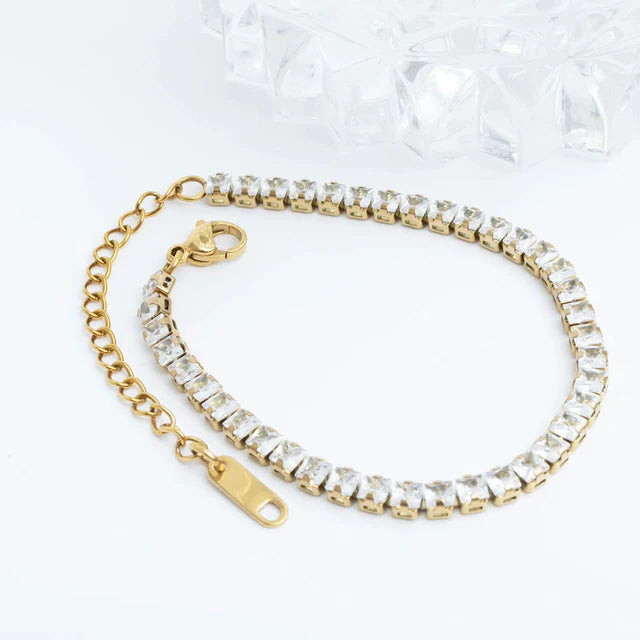 18K Gold PVD Stainless Steel Emerald Cut CZ Stone Tennis Chain Bracelet