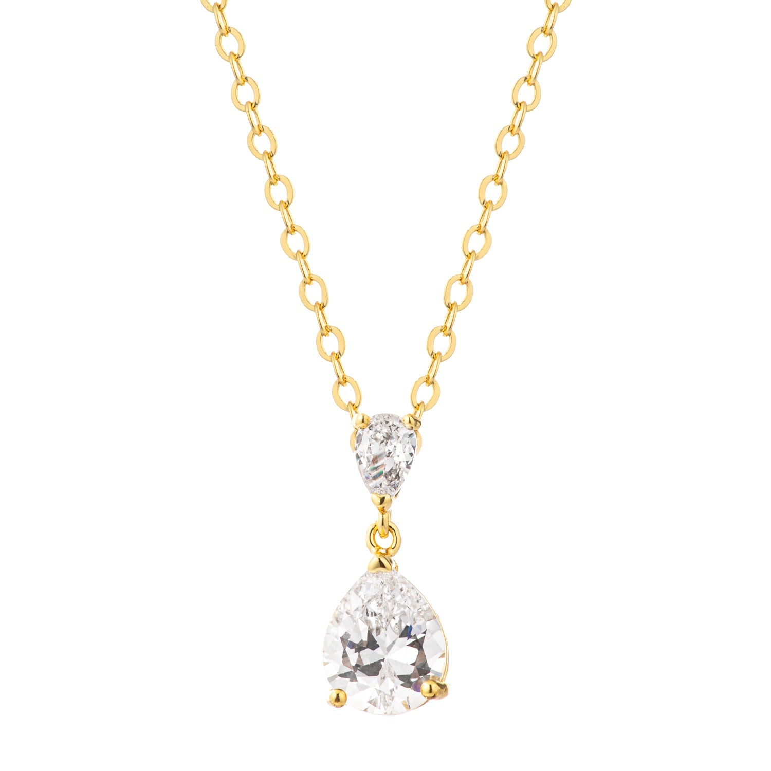 18K Gold Plated Double Pear CZ Drop Pendant Necklace